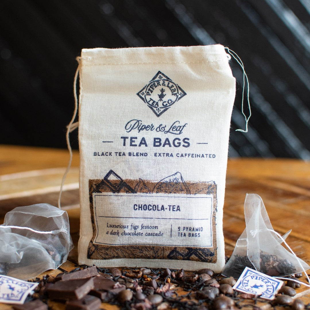 Piper and Leaf Chocola-Tea 9ct Tea Bags in Muslin, featuring 9 pyramid sachets of dark chocolate and fig blend tea.