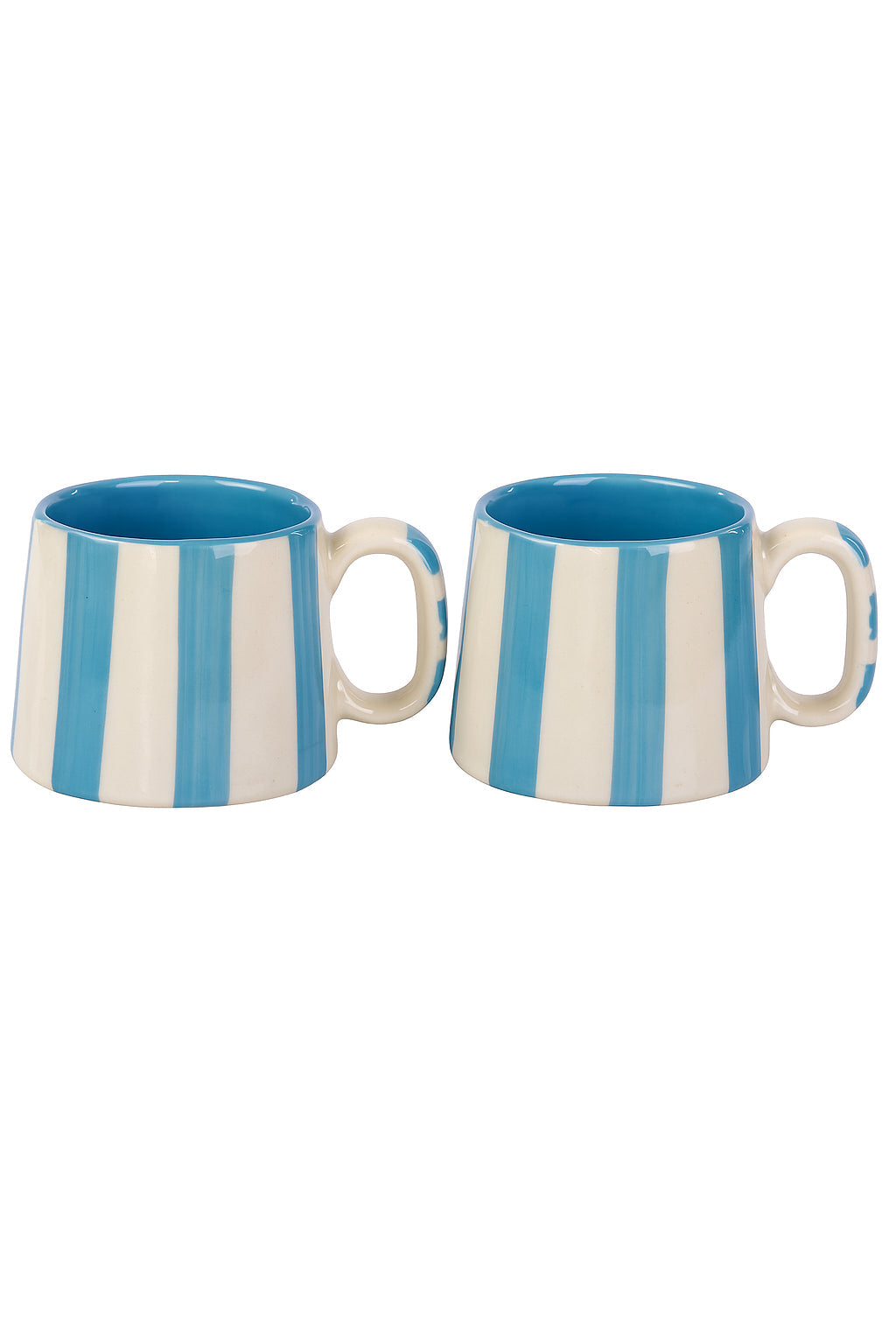 Casa Amarosa Ceramic Aqua Blue Stripe Cup - 3.5 x 2.5 Inches ( Set of 2 )