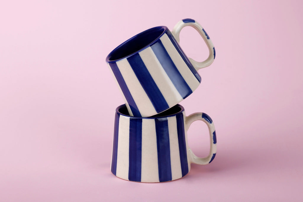 Casa Amarosa Ceramic Dark Blue Stripe Cup - 3.5 x 2.5 Inches ( Set of 2 )