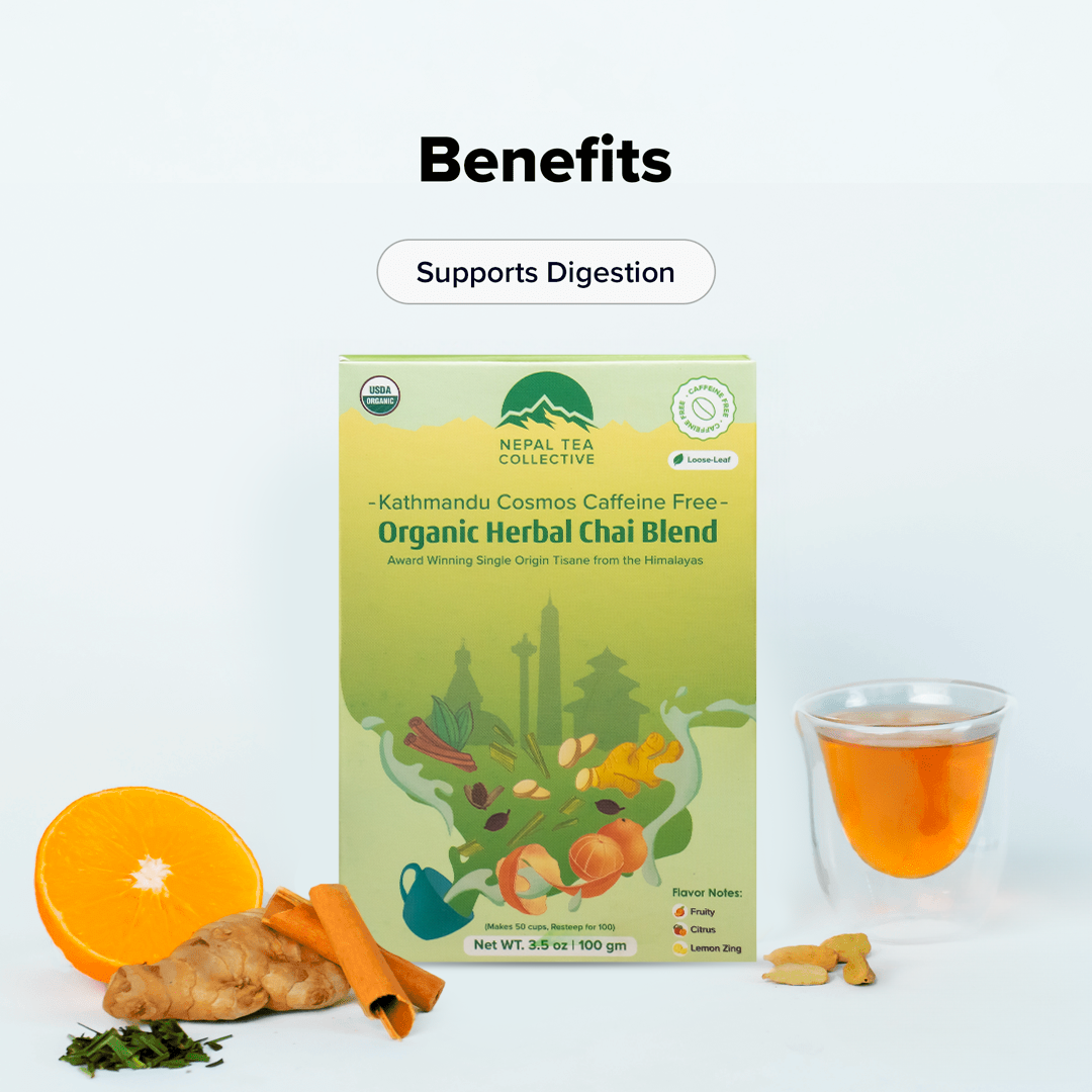 Kathmandu Cosmos (Naturally DECAF | Caffeine Free) by Nepal Tea, shown in a product image featuring the packaging.