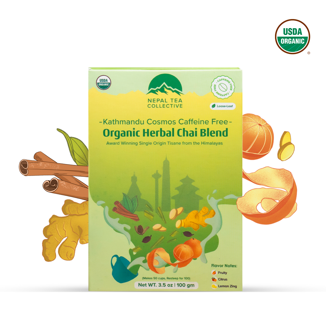 Kathmandu Cosmos (Naturally DECAF | Caffeine Free) herbal tea by Nepal Tea, featuring sweet citrus notes and aromatic spices.