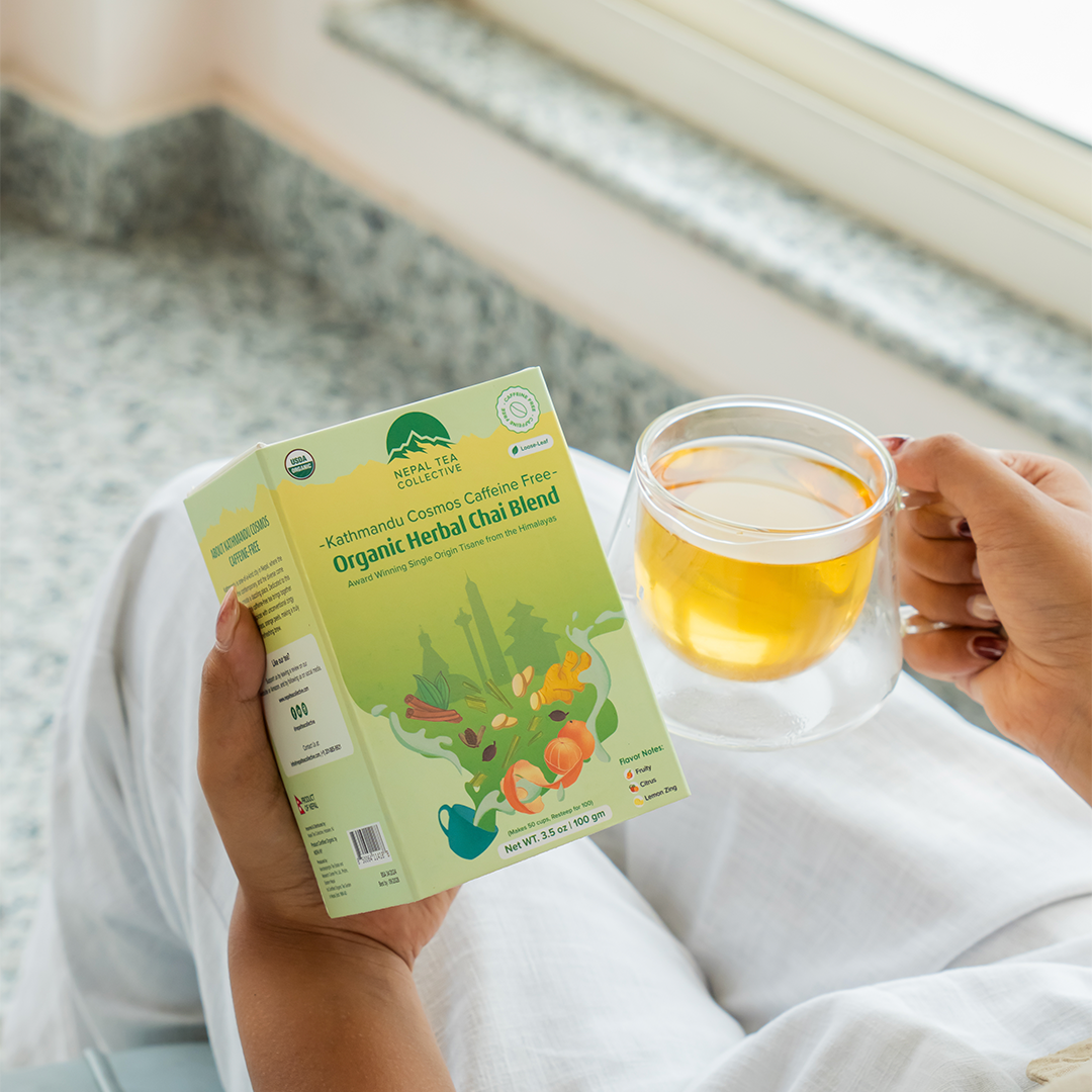 Kathmandu Cosmos (Naturally DECAF | Caffeine Free) by Nepal Tea, displayed in a packaging image for the product.