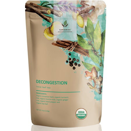 Gardenika Decongest Loose Leaf Tea, Organic, Kosher, Herbal & Caffeine-Free - 4 oz (114g) in a packaging display.