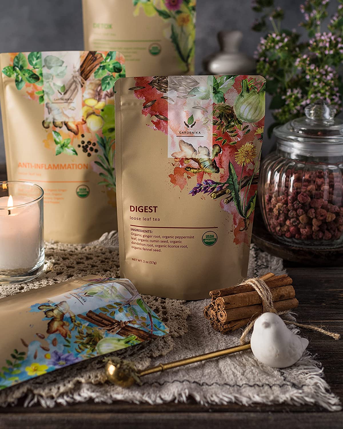 Gardenika Organic Loose Leaf Tea Sampler, Caffeine-Free Herbal Assortment, 120+ Cups – 5 Pack