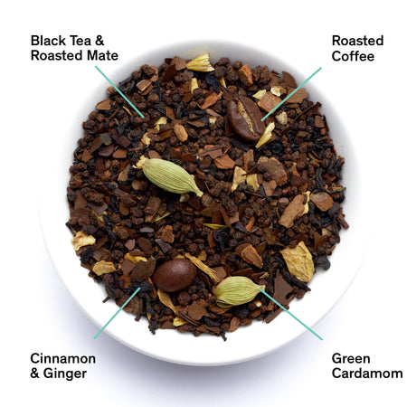 August Dirty Chai - Spicy Black Tea With Coffee, featuring loose tea leaves with coffee, cardamom, and ginger aromas.
