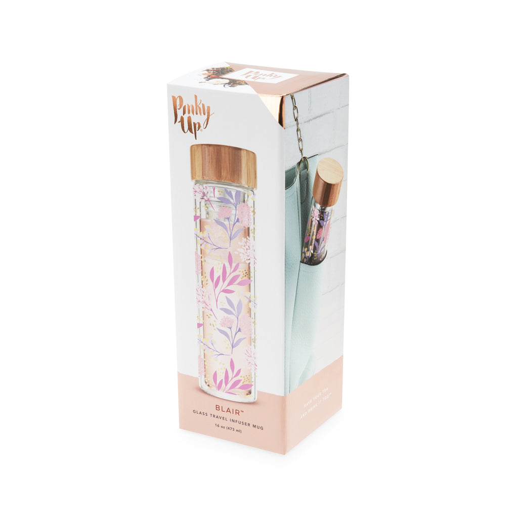Pinky Up Blair: Botanical Bliss Glass Travel Infuser Mug featuring a clear glass design for brewing tea on the go.