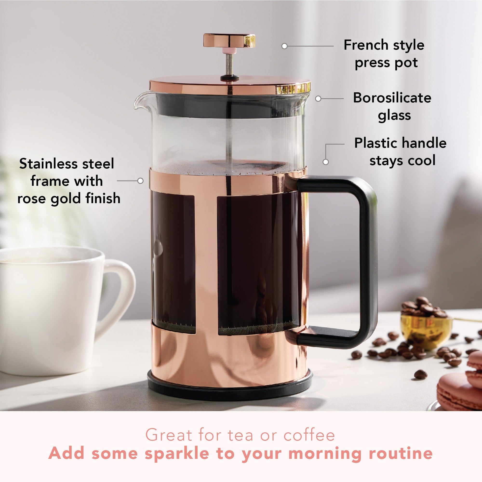 Pinky Up Piper Rose Gold Press Pot featuring a sleek design and rose gold finish, ideal for brewing coffee or tea.