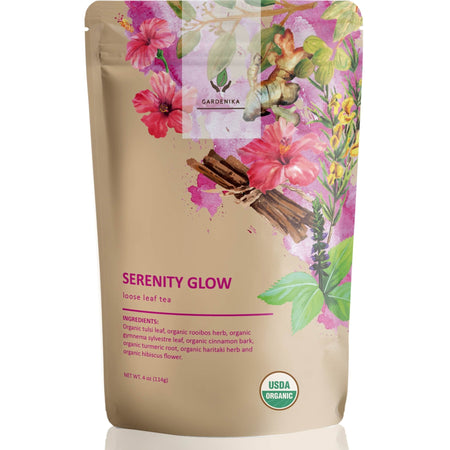 Gardenika Organic Serenity Glow Herbal Tea with Tulsi & Rooibos in a loose leaf form, 4 oz package for metabolism support and stress relief.