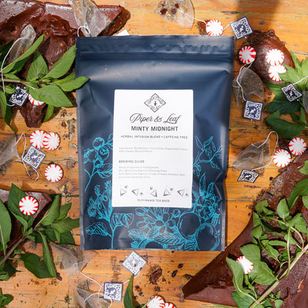 Piper and Leaf Minty Midnight Bulk Sachets - 70ct Tea Bags, featuring tea bags with peppermint and chocolate flavors, caffeine-free.