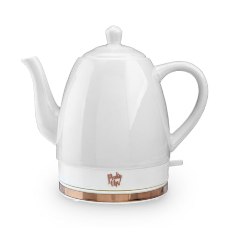 Pinky Up Noelle Ceramic Electric Tea Kettle in Grey with rose gold base, 1.5 L capacity, and user-friendly on/off switch.