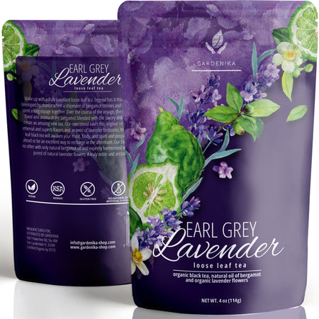 Gardenika Earl Grey Lavender Loose Tea, 4 oz bag with organic black tea, bergamot oil, and lavender flowers.