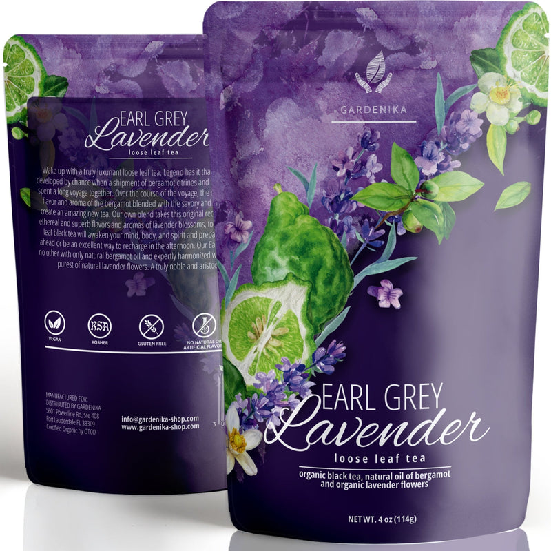 Gardenika Earl Grey Lavender Loose Tea, 4 oz bag with organic black tea, bergamot oil, and lavender flowers.