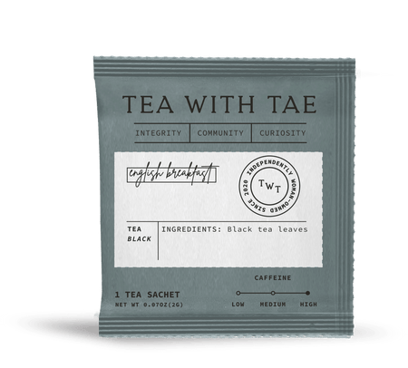 Tea with Tae English Breakfast 50 ct. Overwrap Bag featuring bulk individually-wrapped tea bags and pyramid sachets for single-serve use.