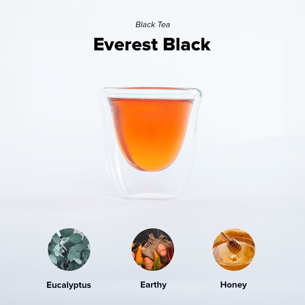 Everest Black (Top of the World Tea) by Nepal Tea, showcasing a package of black tea leaves in an elegant design.
