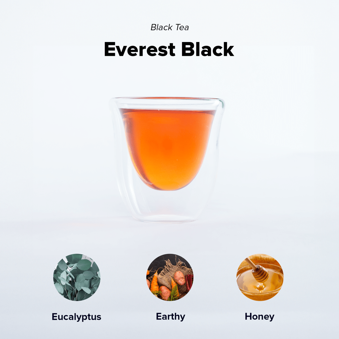 Everest Black (Top of the World Tea) by Nepal Tea, showcasing a package of black tea leaves in an elegant design.
