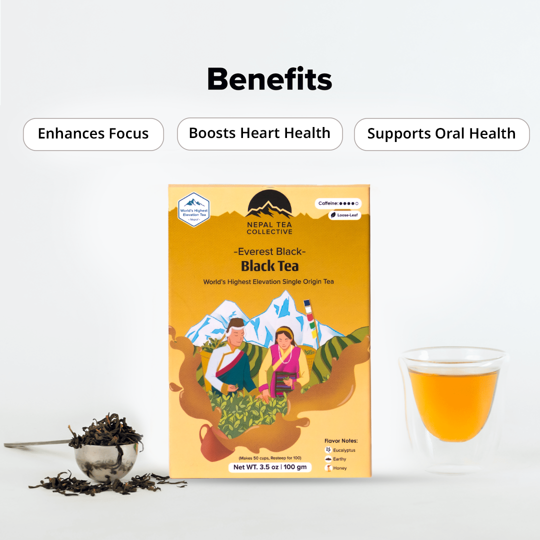 Everest Black (Top of the World Tea) by Nepal Tea in a tea package, showcasing the product's branding and design.