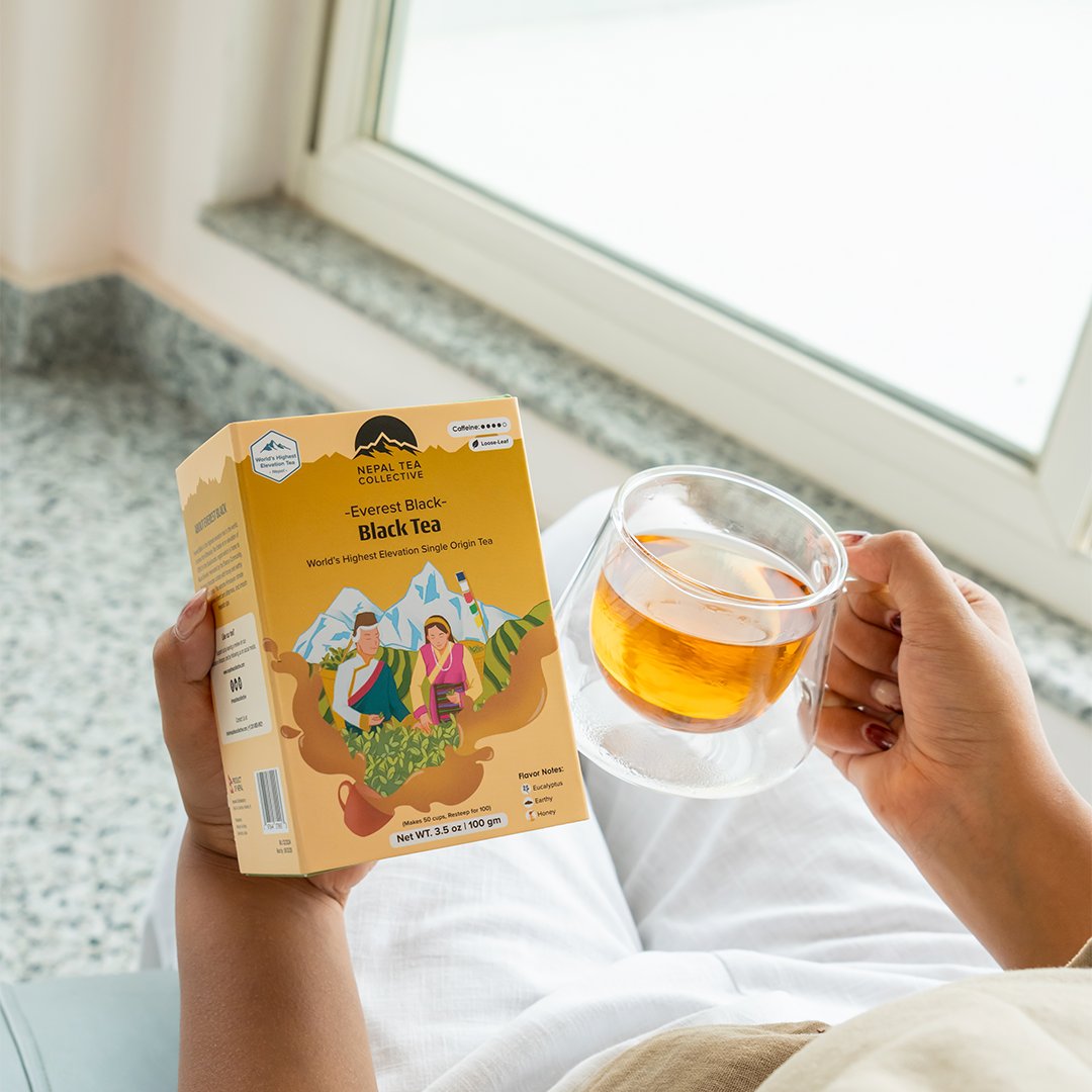 Everest Black (Top of the World Tea) by Nepal Tea, displayed in a package featuring mountains and tea leaves.