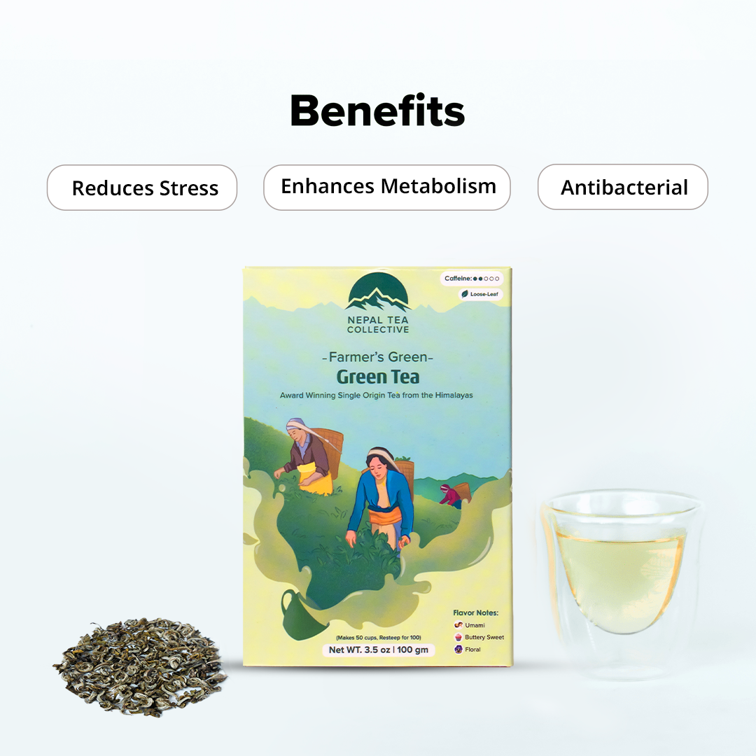 Farmers' Green tea by Nepal Tea, featuring green tea leaves displayed in a clear bag on a neutral background.