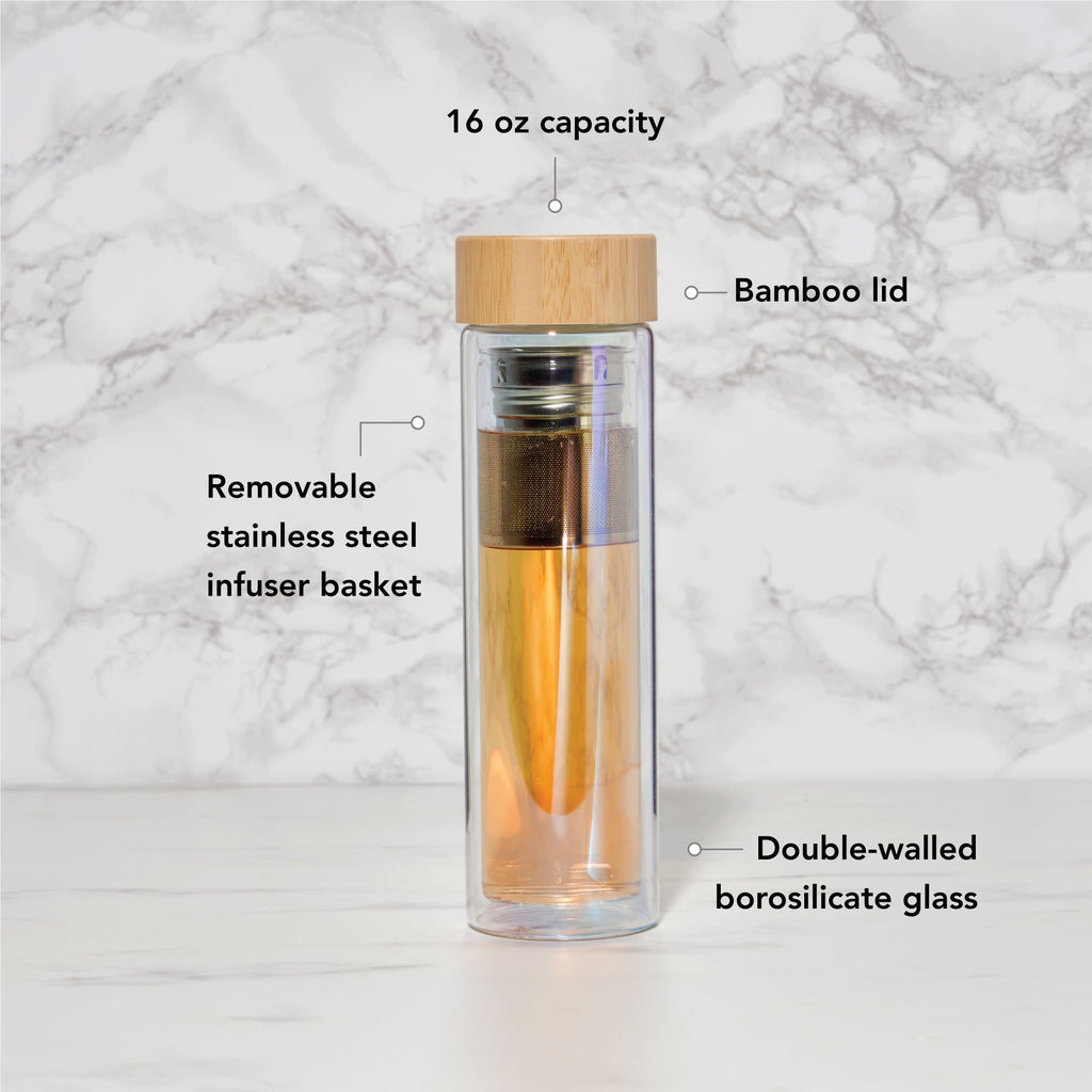 Pinky Up Blair: Iridescent Glass Travel Infuser Mug in a light-reflecting design, perfect for brewing tea on the go.