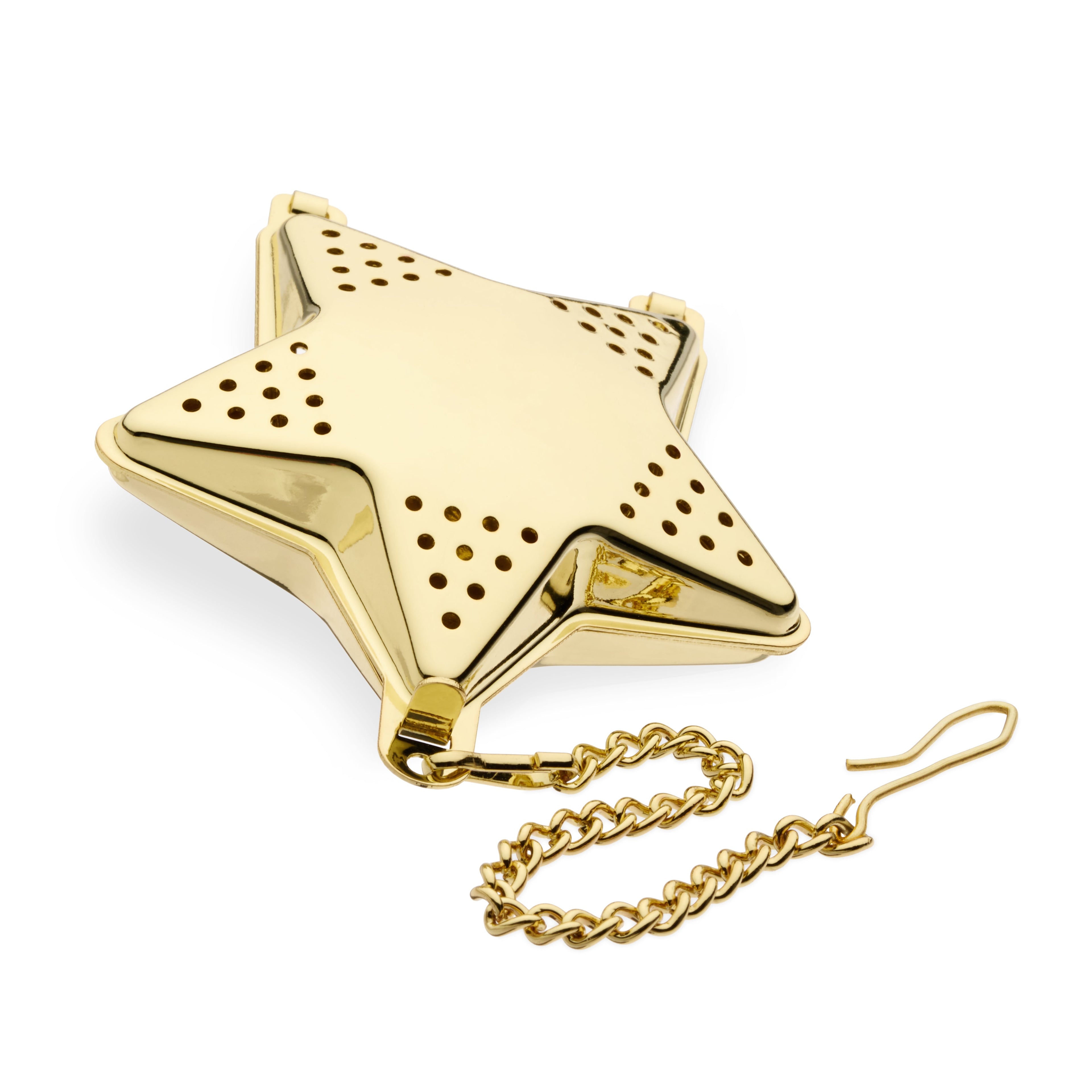 Pinky Up Star Shaped Tea Infuser in gold stainless steel, holding 1 tablespoon of loose leaf tea, designed to hook onto glasses or mugs.