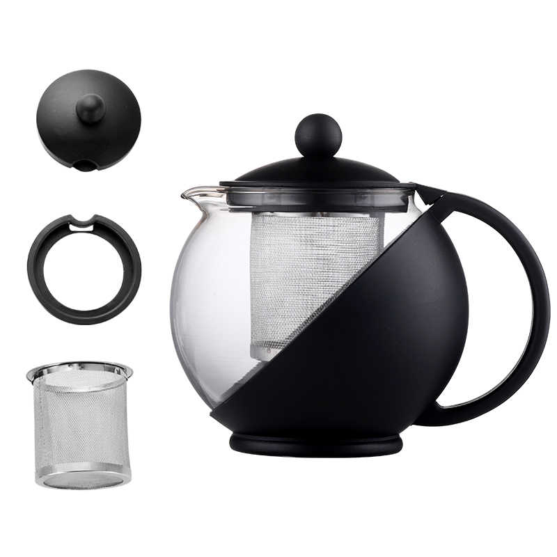 Black teapot with clear glass body and metal mesh filter on a white background
