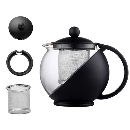 Danfe 25 oz Glass Teapot with Stainless Steel Infuser, showcasing a clear borosilicate body and fine mesh infuser for loose leaf tea.