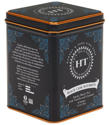 Harney & Sons Black Cask Bourbon, HT Tin of 20 Sachets, featuring black tea infused with bourbon flavors, displayed in a tin.