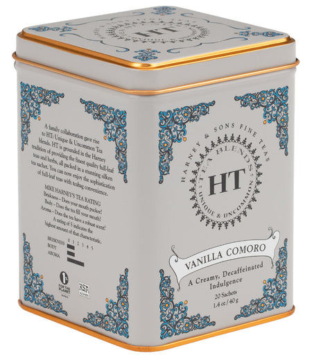 Harney & Sons Decaf Vanilla Comoro, HT Tin of 20 Sachets; a tin containing decaffeinated vanilla tea sachets.