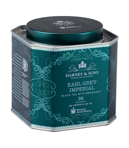 Harney & Sons Earl Grey Imperial, HRP Tin of 30 Sachets, featuring a tin of tea sachets with black tea and bergamot infusion.