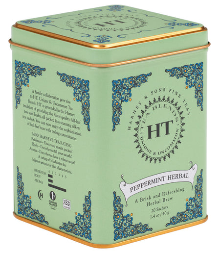 Harney & Sons Peppermint Herbal, HT Tin of 20 Sachets, featuring the tin with sachets for brewing peppermint tea.
