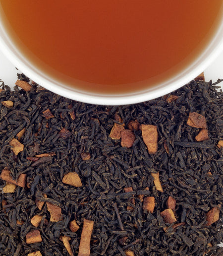 Harney & Sons Hot Cinnamon Spice tea blend featuring black tea, cinnamon, orange peel, and cloves in packaging.