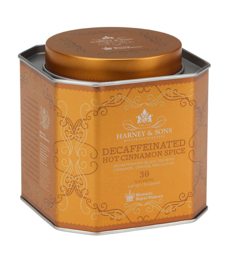 Harney & Sons Decaf Hot Cinnamon Spice, HRP Tin of 30 Sachets, showcasing the tin design with tea sachets for brewing.
