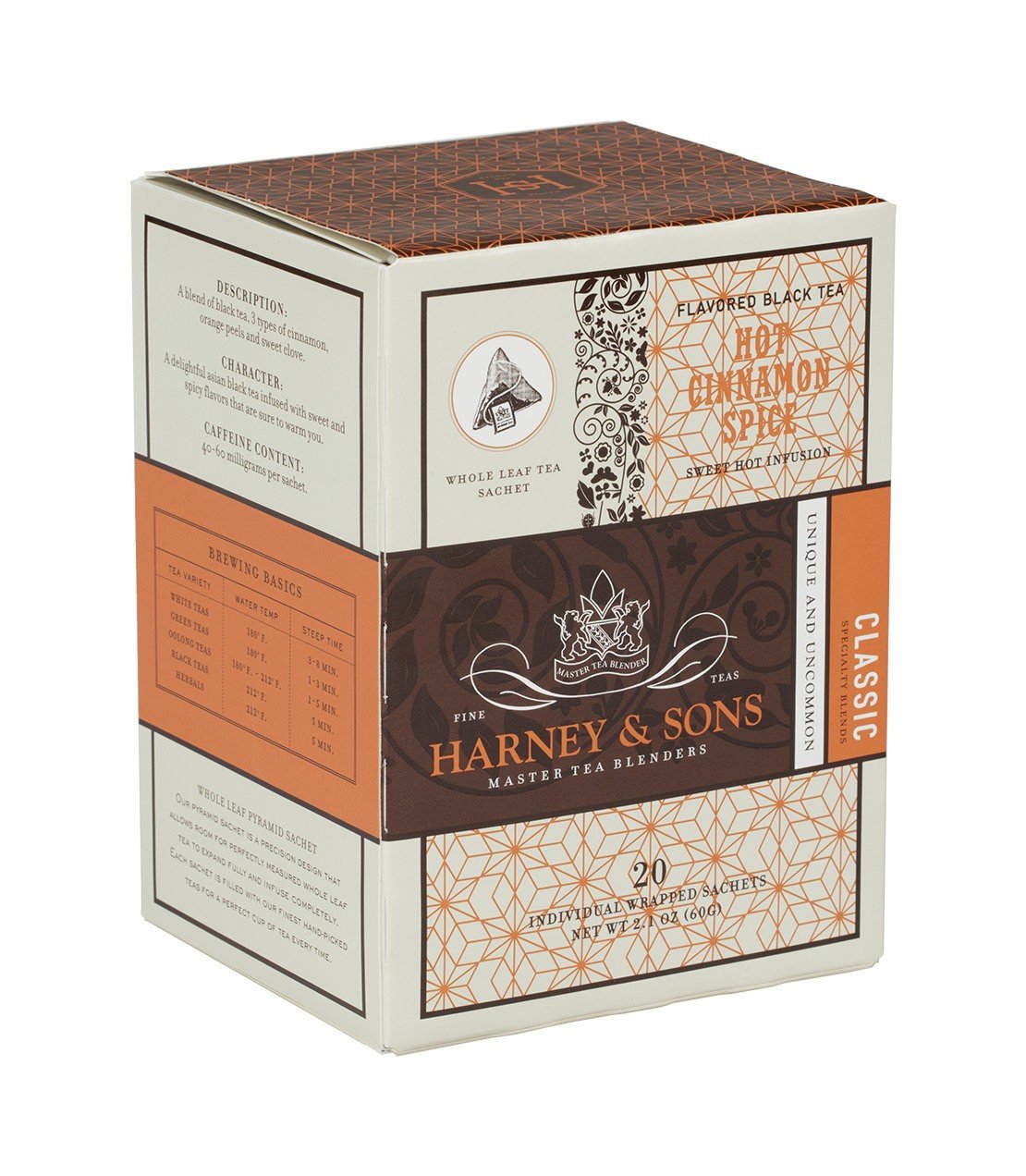 Harney & Sons Hot Cinnamon Spice tea box with a vibrant design, showcasing the brand Harney & Sons