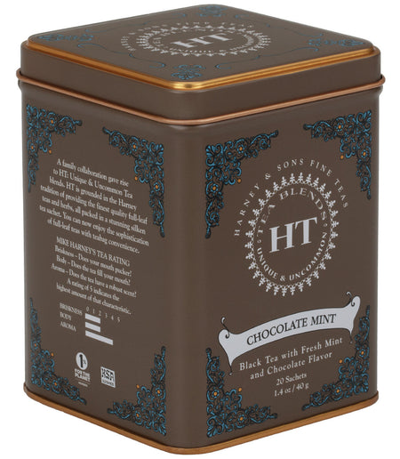 Harney & Sons Chocolate Mint, HT Tin of 20 Sachets, showcases a tin containing premium tea sachets for brewing black tea.