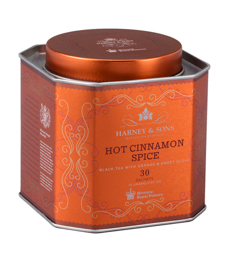 Harney & Sons Hot Cinnamon Spice, HRP Tin of 30 Sachets, contains tea sachets for brewing a robust, flavored black tea.