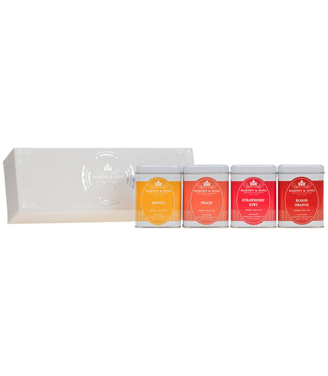 Harney & Sons Harney & Sons Sampler – Fruit Loose Teas, four tins of caffeine-free fruit teas including Mango, Peach, Strawberry Kiwi, and Blood Orange.