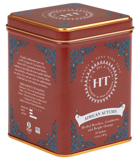Harney & Sons African Autumn, HT Tin of 20 Sachets, featuring rooibos herbal tea with cranberry and citrus notes.