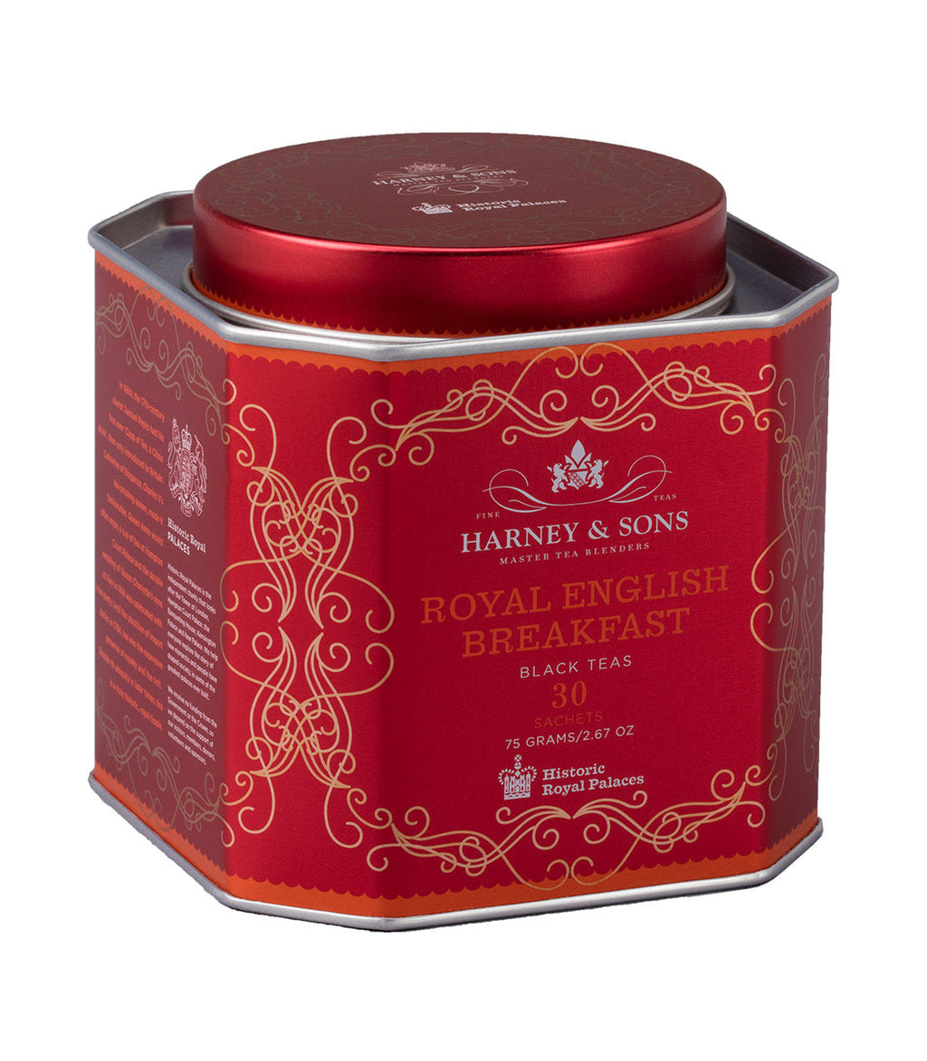 Harney & Sons Royal English Breakfast, HRP Tin of 30 Sachets, featuring a tin with tea sachets for brewing black tea.