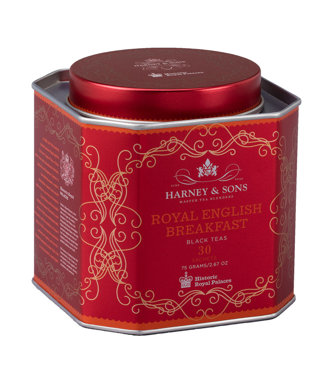 Harney & Sons Royal English Breakfast, HRP Tin of 30 Sachets, featuring a tin with tea sachets for brewing black tea.