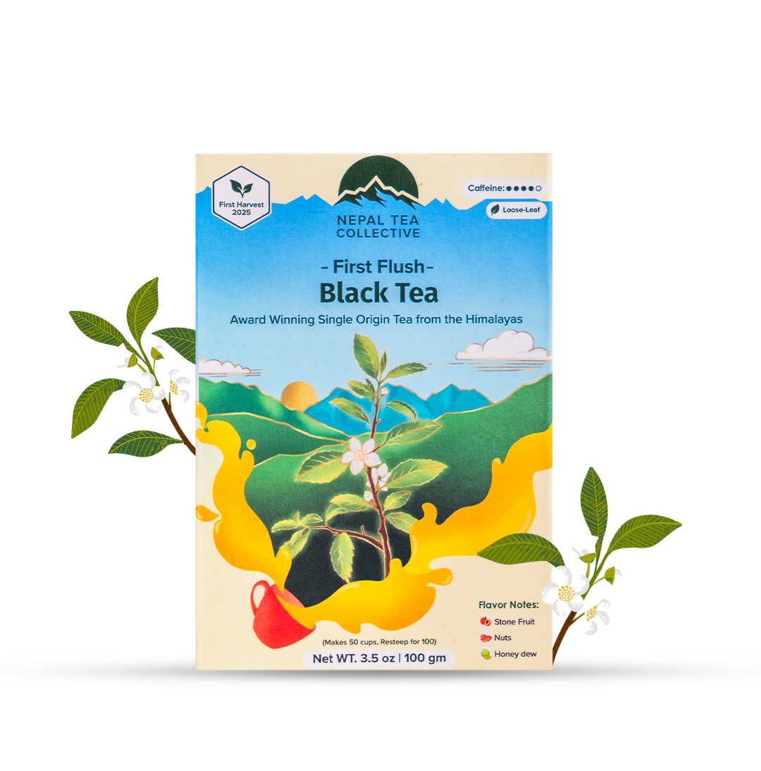 First Flush Black Tea by Nepal Tea, 100 gms, vacuum-sealed packaging, displaying loose black tea leaves and floral aroma.