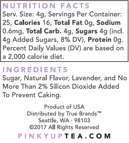 Pinky Up Lavender Sugar in a clear jar with a lavender label, showcasing a granular sugar blend with floral aroma.