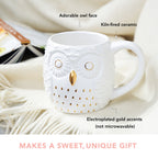 Pinky Up Olivia Ceramic Owl Mug in pink and white, featuring an owl design with a cozy handle