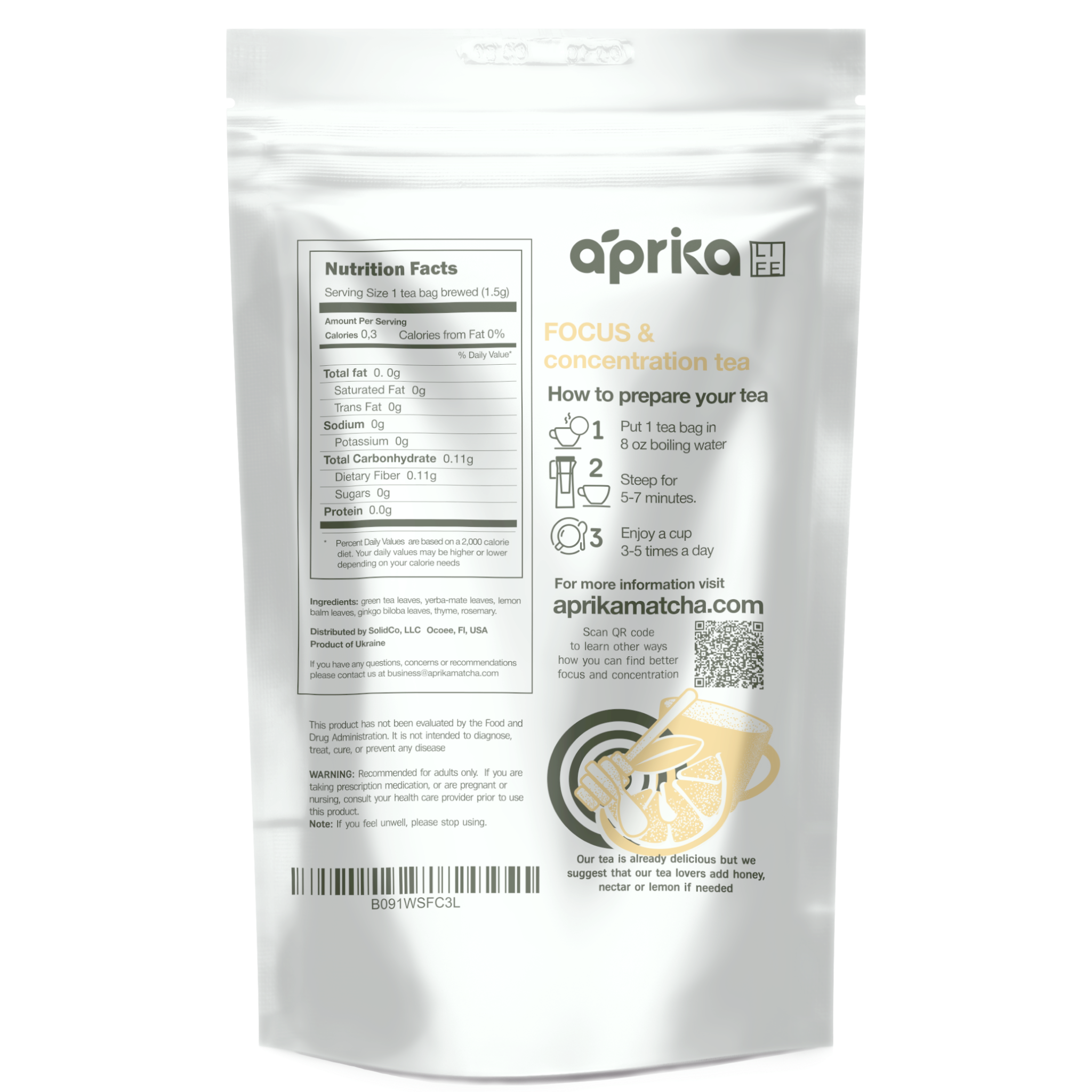 Aprika Life Focus & Concentration Herbal Tea, 60 Bags