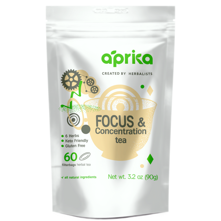 Aprika Life Focus & Concentration Herbal Tea, 60 Bags, shown in packaging with herbal ingredients for improved focus and clarity.