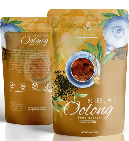 Gardenika Oolong Green Tea, Loose Leaf, USDA Organic, 55+ Cups – 4 Oz (113g), showing loose leaf tea with floral and sweet notes.
