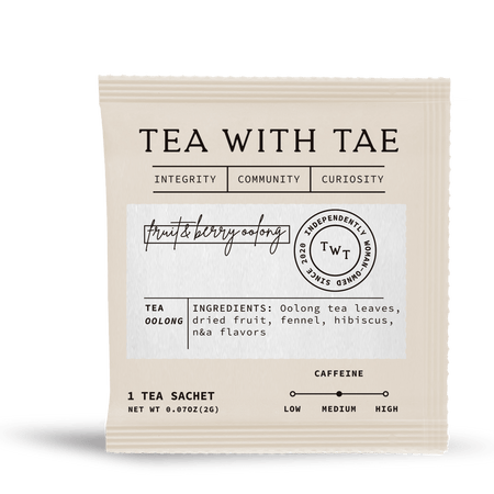 Tea with Tae Fruit & Berry Oolong 50 ct. Overwrap Bag, featuring 50 individually-wrapped pyramid tea bags with oolong and fruit blend.