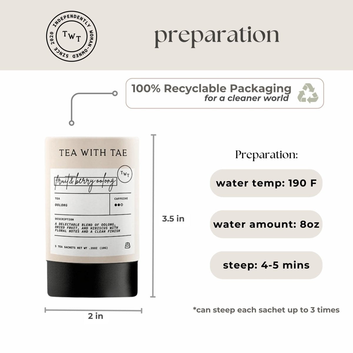 Tea with Tae Fruit & Berry Oolong Mini Tea Tube (5 tea bags) displayed in a clear tube packaging
