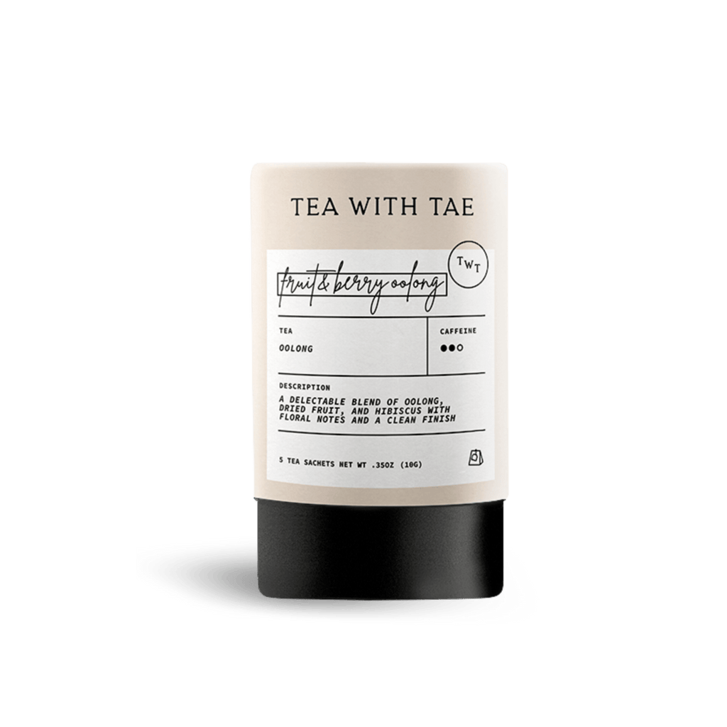 Tea with Tae Fruit & Berry Oolong Mini Tea Tube (5 tea bags) featuring eco-friendly sachets and a blend of oolong, fruits, and hibiscus.