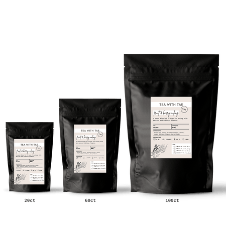 Tea with Tae Fruit & Berry Oolong Pouch, featuring eco-friendly tea pyramid sachets with a vibrant fruit and hibiscus blend.