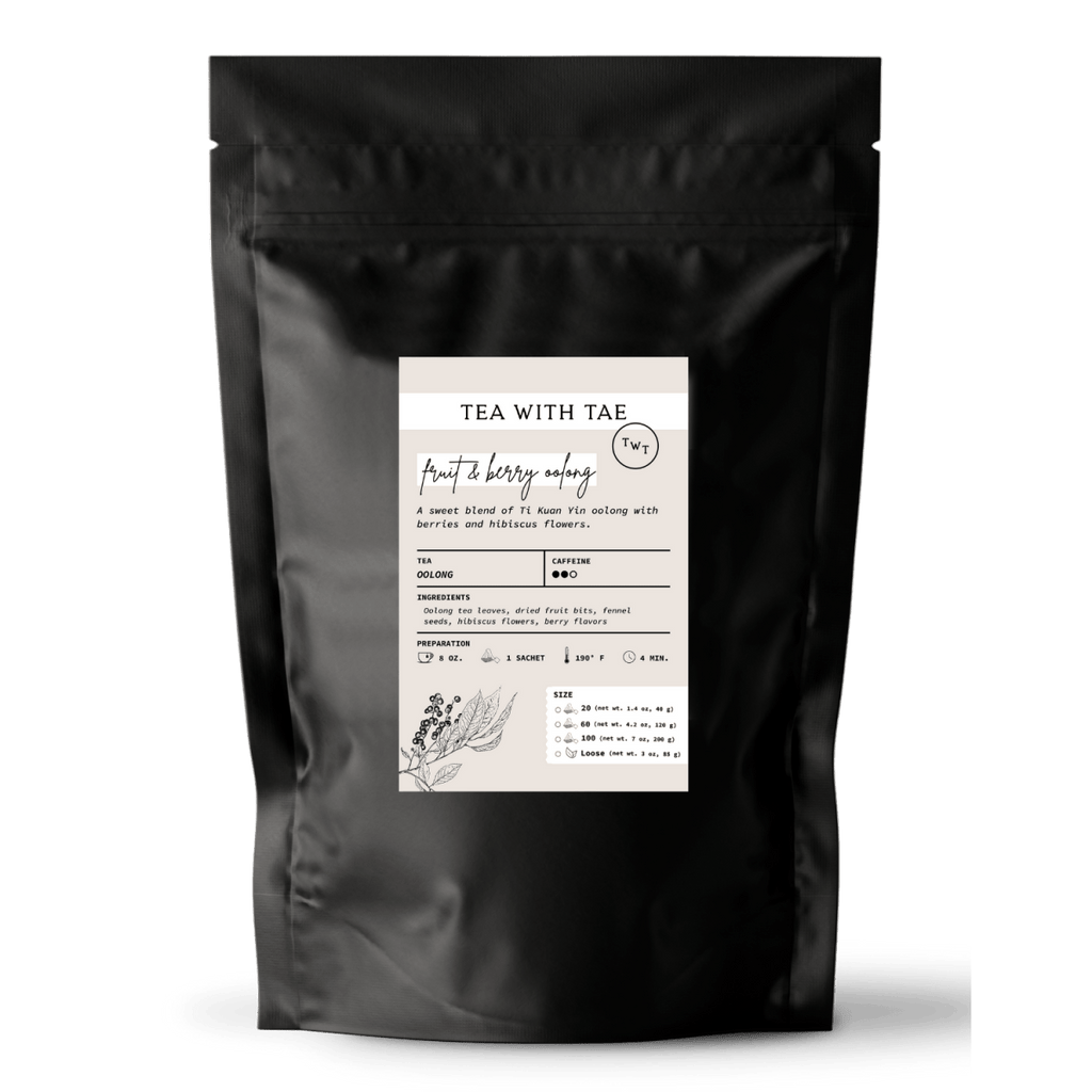 Tea with Tae Fruit & Berry Oolong Pouch, a colorful tea pouch featuring fruit and berry blends by Tea with Tae.